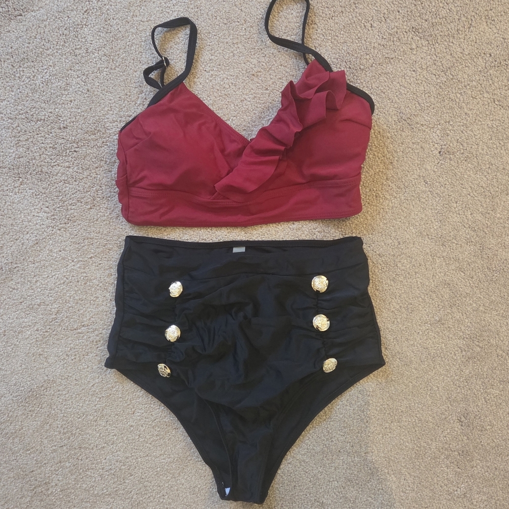 DRESSFO Vintage-style Red & Black High Waisted Bikini